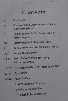 Contents Page from the Family History Research Folder - page 1.