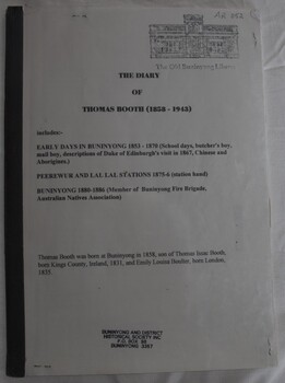 Typed transcript of diary record of Thomas Booth relating to Peerewur and Lal Lal Stations and Buninyong township, 1850s to 1880s. 