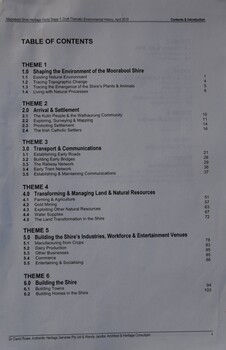 Contents page of a report by Dr. David Rowe on heritage and historical themes, sites and buildings in Moorabool shire.