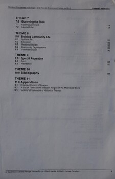 Page 2 of contents page of a report by Dr. David Rowe on heritage and historical themes, sites and buildings in Moorabool shire.