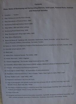 A4 typed page with list of contents of a folder of Buninyong district maps.