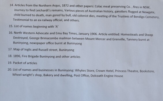 Contents of Buninyong historical articles, including copies of photographs.