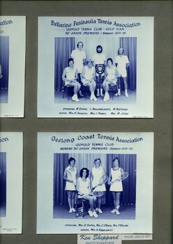 Winning divisional tennis team with racquets and trophy