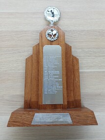 Wooden trophy with golden disc at top and crossed tennis racquets below