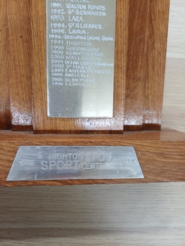 View of sponsorship name plate below names of winners