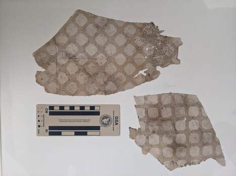 Sample section of wallpaper from Horticultural Hall. The design includes a cross section of squares interlaced with geometric shapes.