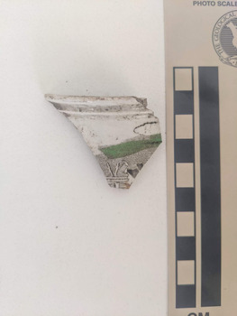 Ceramic shard with white gloss finish and black and green decorative pattern. 