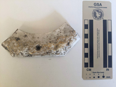 Ceramic shard with white glazed finish and a gold floral design