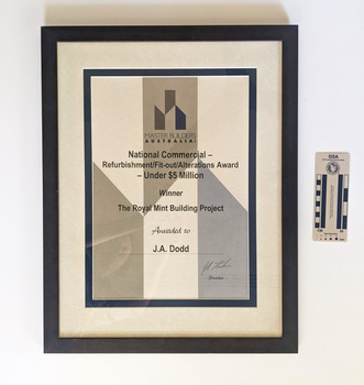 Framed award to J.A. Dodd