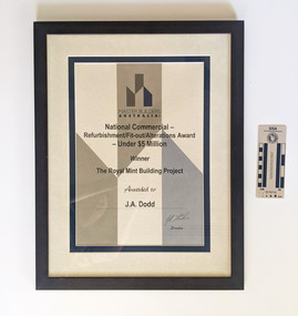 Framed award to J.A. Dodd