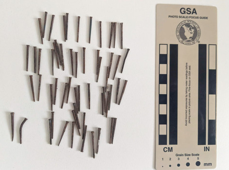 57 small corroded nails with rectangular heads