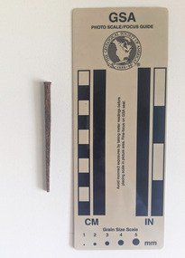 Corroded nail with a rectangular head and square shaft that narrows to a blunt tip.