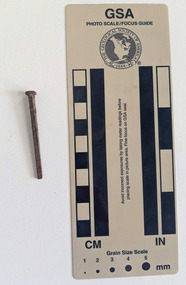 Corroded nail with a square shaft that narrows to a blunt tip.