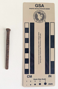 Corroded nail with a rectangular shaft that narrows to a blunt tip.