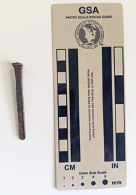 Corroded nail with a rose heads and rectangular shaft that narrow to a blunt tip.