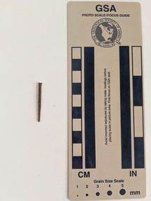 Corroded nail with a small rectangular shaft.