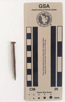 Corroded nail with a rose head and a square shaft narrowing to a blunt tip.