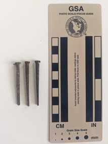 Collection of three corroded nails with rectangular shaft that narrows to a blunt tip.