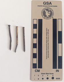 Collection of three corroded nails with a rounded and consistent in diameter to a pointed tip.