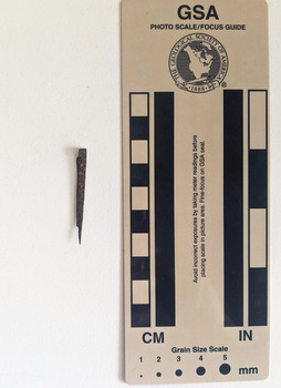Corroded nail with rectangular shaft that narrows to a pointed tip.