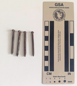 Collections of four corroded nails with a rounded shaft consistent in diameter to a pointed tip.