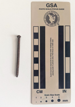 Corroded nail with a rounded shaft consistent in diameter to a pointed tip.