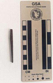 Corroded nail with rectangular shaft that narrows to a blunt tip. 