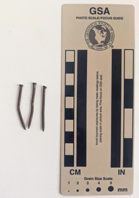 Collection of three corroded nails with a rounded shaft consistent in diameter to pointed tip.