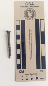 Corroded nail with rectangular shaft that narrows to a blunt tip.