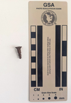 Corroded screw with circular narrowing to a pointed tip. 