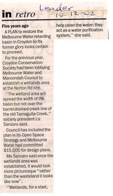 Newspaper, Croydon Wetlands to proceed - Leader Newspaper article 10/12/2002