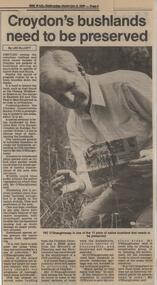 Newspaper, Article on 'Croydon's bushlands need to be preserved' Cheong Wildflower Sanctuary 7 November 1990