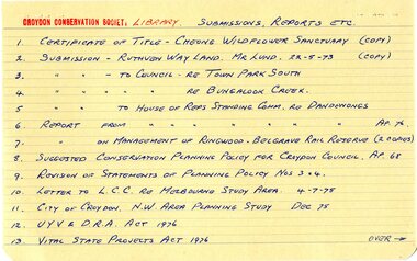 Document, Croydon Conservation Society - Library Catalogue Listing Card