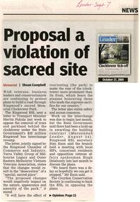 Newspaper, Article 'Proposal a violation of sacred site' by Shaun Campbell 7 September 2010 - Ringwood memorial clock tower park