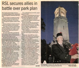 Newspaper, Article 'RSL secures allies in battle over park plan' - Ringwood memorial clock tower park