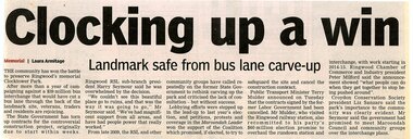 Newspaper, Article 'Clocking up a win' by Laura Armitage - re Ringwood Memorial Clock Tower Park, Feb 2011