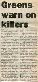 Newspaper, Article 'Greens warn on killers' pesticide use in Maroondah