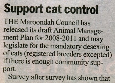 Newspaper, Article 'Support cat control', Fairfax Community Network Journal, March 18 2008