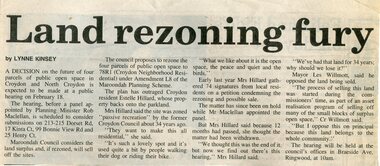 Newspaper, Article titled 'Land rezoning fury' by Lynne Kinsey, re rezoning parcels of land in Croydon and Croydon north