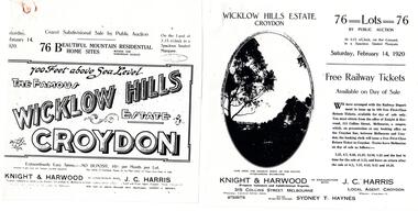 Pamphlet, 1920 sale of Wicklow Hills Estate, Croydon