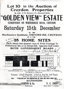 Pamphlet, Subdivision action along Whitehorse Road of Golden View Estate,  Croydon 15 September reportedly 1928