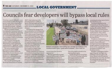 Newspaper, Article 'Council fears developers will bypass local roles', The Age, 9 December 2023