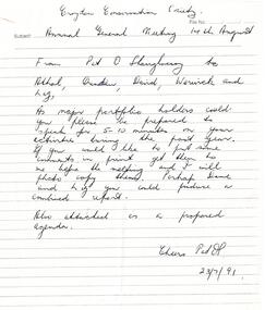Administrative record, Request for speakers dated 23 July 1991, for Croydon Conservation Society Annual General meeting 14 August 1991