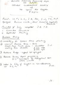 Administrative record, Minutes of business meeting held 15th August 1991 after Croydon Conservation Society Annual General Meeting 1991, page 1