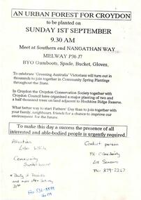 Flyer, Greening Australia, Community Spring Planting at Hochkins Ridge Reserve on 31 August - 1 September 1991