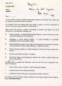Document, Draft invitation from Croydon Conservation Society and Croydon City Council to educators to attend information session on recycling in Croydon 1993