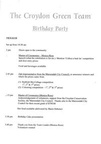 Administrative record, Croydon Green Team birthday party program ?August 2004