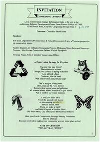 Document, Invite to City of Croydon, Conserving Croydon - Local Conservation Strategy information night - date reportedly 1993