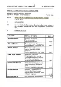 Administrative record, Croydon Conservation Consultative Committee report dated 24 November 1994 of completed Bushland management works 1993/94