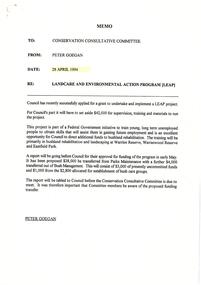 Administrative record, Memo to Conservation Consultative Committee re successful LEAP project grant dated 28 April 1994